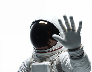 Astronaut waves hello in space suit. Cosmonaut in spacesuit with helmet greets. Spaceman explores cosmos. Isolated astronaut explore new universe. Future concept, space exploration journey, cosmic