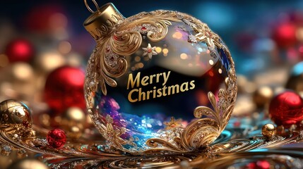 Ornate glass bauble displaying merry christmas greeting