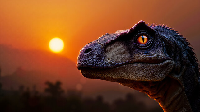 A digital rendering of a Velociraptor with glowing eyes set against a sunset