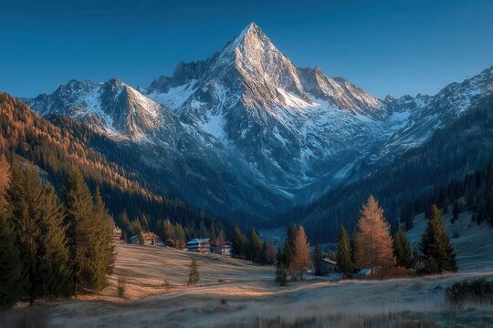 Dramatic Dolomites mountain range in autumn snow, with forested valley and secluded cabins