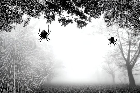 Two Spiders on a Web in a Misty Park Scene with Silhouetted Trees - Powered by Adobe