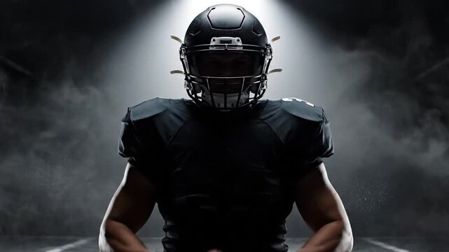 Intense American football player in dark stadium with smoke effects creating a