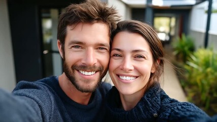 Portrait of a happy young couple standing in front of their new house, with keys in hands, smiling man and woman posing near modern home, making selfie, real estate agency, house o