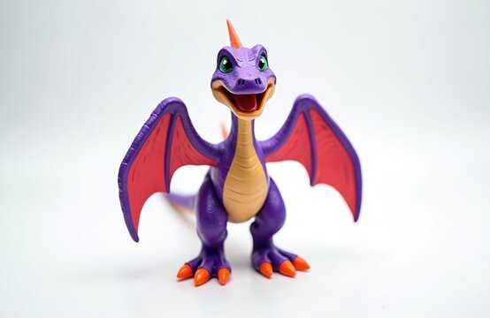 Purple dragon toy with red wings and orange claws stands on white background. This cute prehistoric creature has large green eyes and a cheerful open mouth. Small plastic figure for kids.