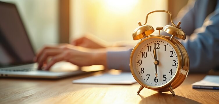 Person works on laptop at home office. Gold alarm clock shows working time. Workplace desk with notebook pc in morning sun for business task. - Powered by Adobe