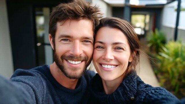 Portrait of a happy young couple standing in front of their new house, with keys in hands, smiling man and woman posing near modern home, making selfie, real estate agency, house o - Powered by Adobe