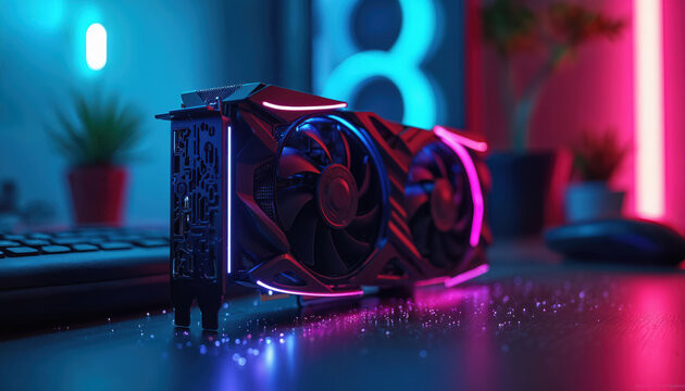 High performance graphics card tech device with fans neon lights on table. Modern gaming computer components concept. Powerful graphic card installed in PC. Cyberpunk digital tech, innovation concept.