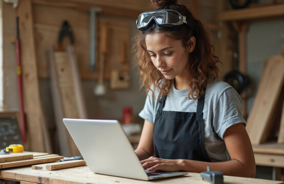 Woman works on laptop in carpentry workshop. Carpenter uses computer for small business. Female artisan in goggles types on keyboard. Workshop is woodworking. She designs furniture indoors.