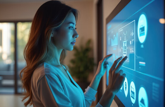 Woman uses touch screen panel. She interacts with digital interface, controlling smart home devices. Female touches display to manage tech. Futuristic home automation, modern living.