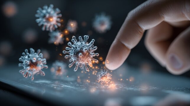 Futuristic healthcare: embracing the digital evolution of medicine. Microbe contamination. Doctor interacts with holographic medical records on virtual interface. Microbial danger. - Powered by Adobe