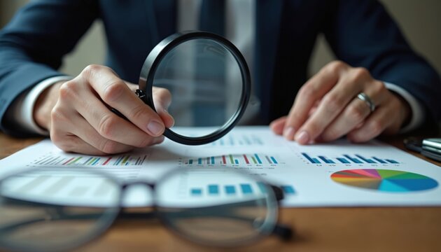 Businessman inspects documents with magnifying glass. Analyzes financial report, business analytics data. Focused man reviews charts graphs, research in office. Audit accounting process for economic