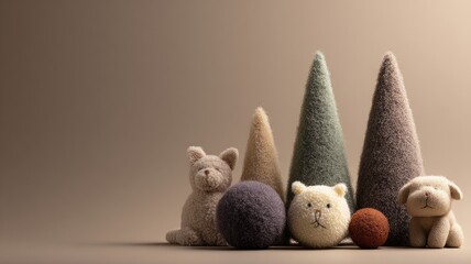 Cozy felt animal toys and textured trees in a minimalist neutral setting