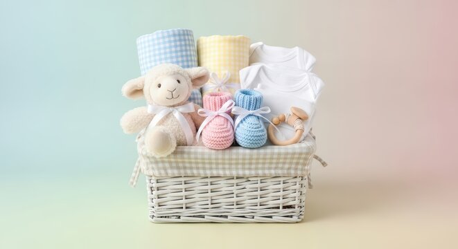 Pastel baby gift basket with plush toy, clothes, and booties
