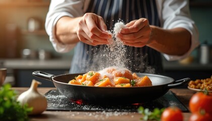 Pro cook adds salt to orange vegetable dish in pan. Chef seasons meal with spices. Food preparation process in cuisine. Culinary expert prepares healthy tasty dinner at home.