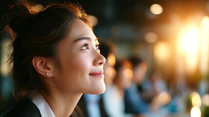 Business people having a meeting in the office, teamwork and success concept, portrait of a smart young Asian businesswoman, under soft office light highlighting collaboration and