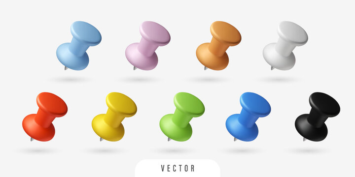 3D colourful stationery thumbtack set. Isolated different colored vector elements
