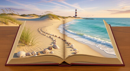 An open book reveals a vibrant beach scene with sand dunes, seashells, a lighthouse, and turquoise ocean, symbolizing escape and travel.