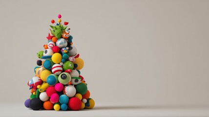 Colorful fabric ball pyramid with cute felt characters on neutral background