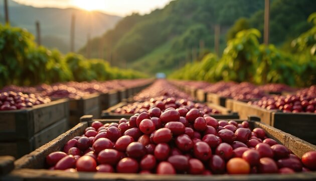 Fresh red coffee cherries fill wooden crates on farm. Rows of ripe berries sit under warm morning sun. Green hills, plants rise in distance. Harvest season for eco friendly farming. Organic harvest
