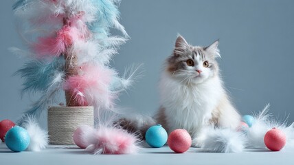 Fluffy cat by festive feather tree with pastel ornaments