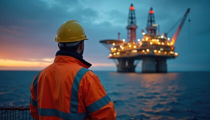 Man in orange workwear observes oil rig at sea in dusk. Engineer oversees operations on offshore platform. Professional in safety gear looks at lights of industrial complex.
