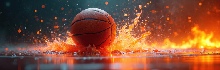 Basketball splashes down into vibrant orange liquid. Fiery splatters erupt around ball with glowing particles. Intense action, energy fill dynamic scene. Ball hits wet reflective surface hard,
