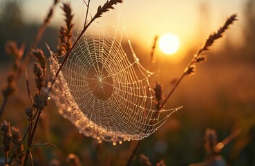 Spiderweb is covered in dewdrops. Sun rises in background. Cobweb lies between plants. Dewdrops hang on spiderweb threads in field at summer morning. Insect trap glows in rising sunlight. Macro shot.