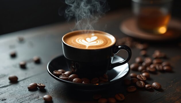 Hot coffee latte with heart art design in black ceramic cup sits on dark wooden table. Steam rises from fresh morning drink. Roasted coffee beans scatter around saucer. Cozy scene suggests relaxation