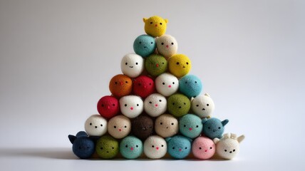 Colorful pyramid of knitted animal plush toys with smiling faces