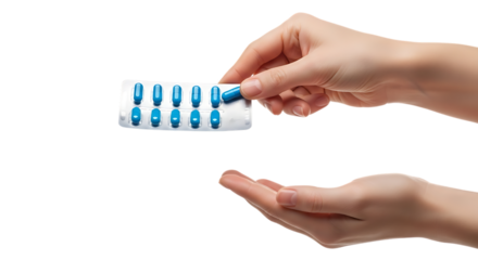 Hand holding blister pack of blue capsules, with one capsule being removed for another hand isolated on a white or transparent background, cutout, PNG