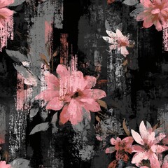 Fototapeta premium Seamless brush stroke background with pink flowers. Pattern for fashion fabric, textile design, wallpaper, wrapping paper and decorative print.