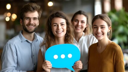 Portrait of a group of young business people in office, speech bubble, team and comment by business people holding sign, news and voice icon feeling excited on social media, group, - Powered by Adobe