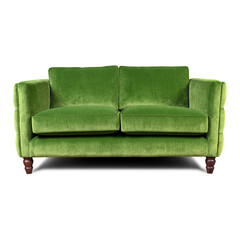 Vibrant green velvet loveseat with deep tufted sides, plush cushions, and wooden legs, isolated on white with included clipping paths. Stylish seating for modern or classic interior décor