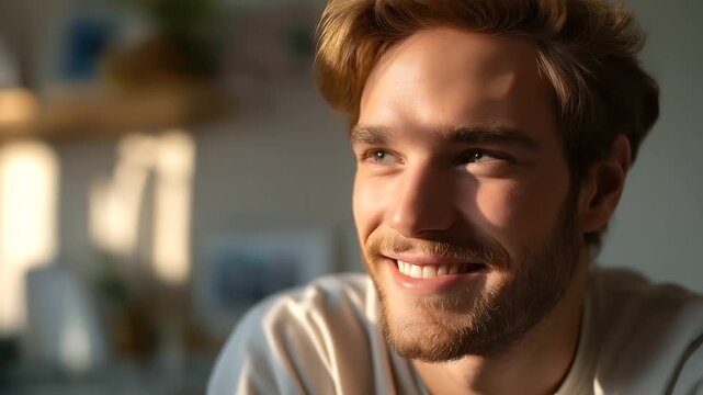 Portrait of a happy young man posing at home or in the office, under soft natural light highlighting positivity and confidence, serene home or workplace scene, calm indoor lighting