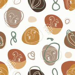 Earthy Tones Boho Seamless Pattern with Playful Squirrels and Abstract Organic Shapes Decor