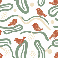 Charming Boho Seamless Pattern with Whimsical Birds and Abstract Organic Shapes in Earthy Tones