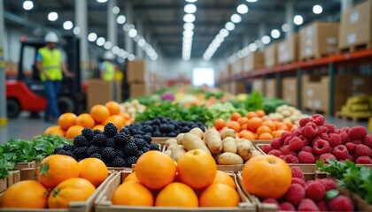 Illustration presents fresh produce arranged in wooden crates inside warehouse. Various fruits and vegetables ready for distribution. Forklifts and workers in background convey logistic and delivery.