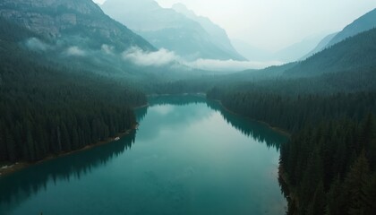 Aerial photo of lake surrounded by green forest and mountain peaks. Misty morning. Reflection in the calm water. Nature scenery landscape. Peaceful view. Drone shot.