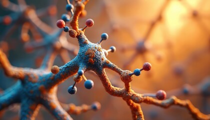 Abstract tech illustration of neuron structure. Neural network visual concept. Digital 3D render of brain cells. Biological model of the nervous system.