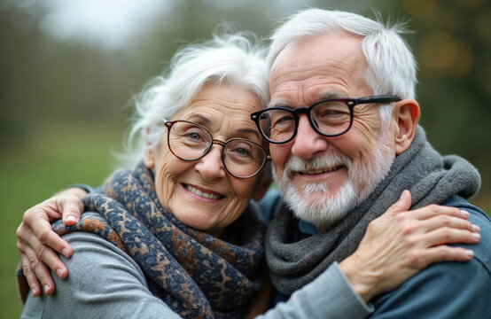 Senior couple hugs with warm smiles outdoors. Elderly man, woman show happy connection, support. Enjoy time together, representing strong bond, long lasting relationship, active lifestyle, healthy
