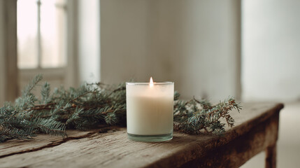 intimate icon rests on rustic wooden table surrounded by evergreen branches and soft candlelight