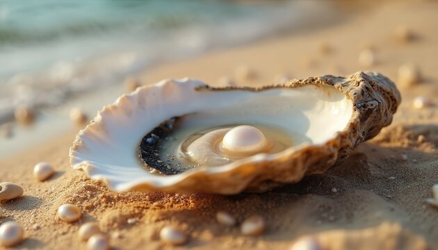 Open oyster shell with shiny white pearl lays on golden beach sand. Many natural pearls scattered around clam near blue sea water. Ocean treasures found on shore during summer vacation. Tropical