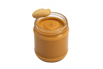 Peanut butter jar with cookie for spreading, creamy snack food, delicious dessert on transparent background