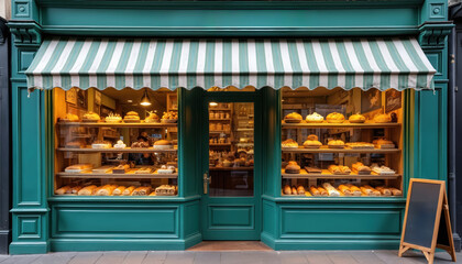 Green bakery storefront features striped awning. Window display shows fresh pastries, bread, cakes on wooden shelves. Shop exterior details include classic trim, door. Blank chalkboard sign on