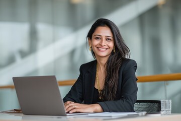 middle eastern woman working on her laptop, focused at work, corporate environment