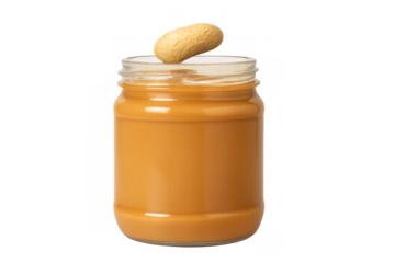 Peanut butter jar with a single peanut on top, a creamy food spread for breakfast and snacks
