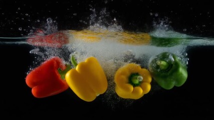 Colorful red, yellow, and green bell peppers splashing into clear water against a black background. - Powered by Adobe
