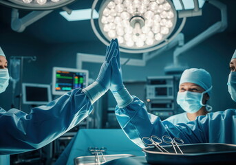 Two surgeons high-fiving in a modern operating room, celebrating successful teamwork and medical achievement. Professional healthcare collaboration.