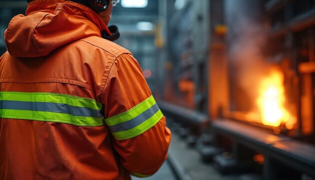 Firefighter in uniform observes fire. Industrial setting shows flames and machinery in background. Orange jacket with reflective stripes. Safety gear and emergency response concept.
