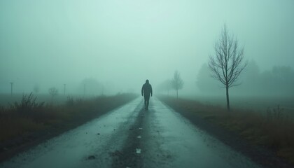 Man walks on wet asphalt road disappearing into thick fog. Bare trees line the damp path under grey skies. Moody atmospheric scene evokes solitude, introspection, and an uncertain journey forward.